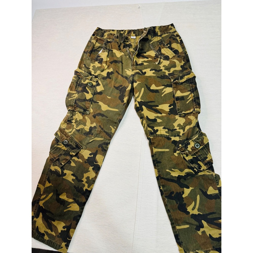 Mens Woodland Camo Cargo Pants 100% Cotton Multi Pocket Utility Trousers Size 32
